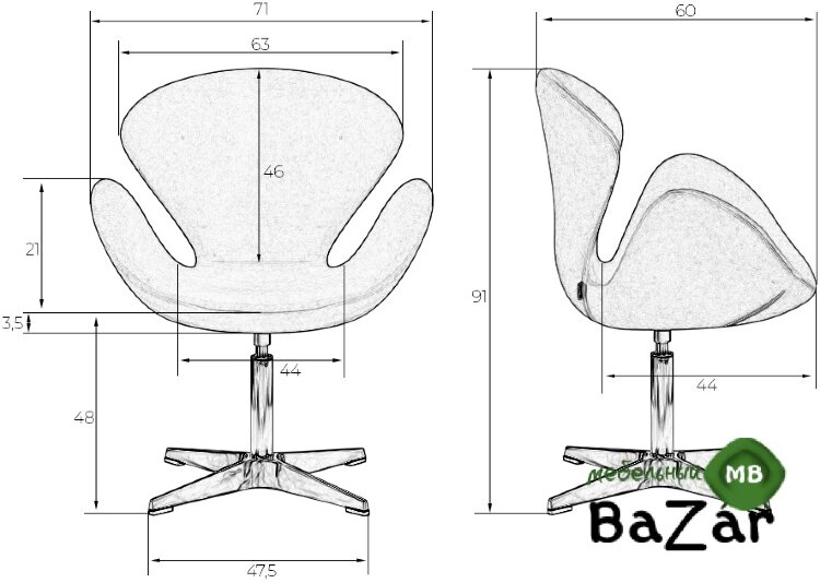 Кресло дизайнерское SWAN (черный кожзам P13, алюминиевое основание)